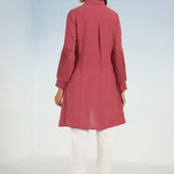 Watermelon Pink Kurti with Curved Hem and Pleated Sleeves