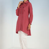 Watermelon Pink Kurti with Curved Hem and Pleated Sleeves