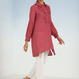 Watermelon Pink Kurti with Curved Hem and Pleated Sleeves