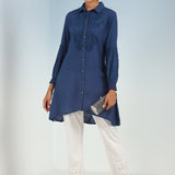 Navy Blue Kurti with Curved Hem and Pleated Sleeves