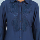 Navy Blue Kurti with Curved Hem and Pleated Sleeves