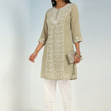 Solid Green Round Neck kurti with Sequins Work