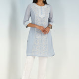 Solid Spa Blue Round Neck Kurti with Sequins Work