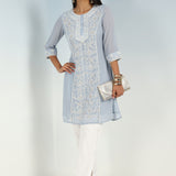 Solid Spa Blue Round Neck Kurti with Sequins Work