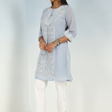 Solid Spa Blue Round Neck Kurti with Sequins Work