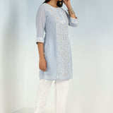 Solid Spa Blue Round Neck Kurti with Sequins Work