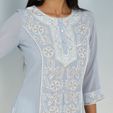 Solid Spa Blue Round Neck Kurti with Sequins Work