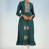 Green Long Geometrical Embroidered Dress with Frilled Hem