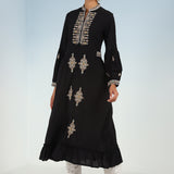 Black Long Geometrical Embroidered Dress with Frilled Hem