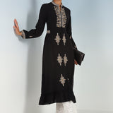 Black Long Geometrical Embroidered Dress with Frilled Hem