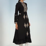 Black Long Geometrical Embroidered Dress with Frilled Hem