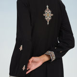 Black Long Geometrical Embroidered Dress with Frilled Hem