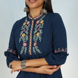 Solid Navy Blue Tunic with Stylish Gathered Sleeve