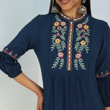 Solid Navy Blue Tunic with Stylish Gathered Sleeve