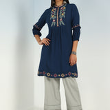 Solid Navy Blue Tunic with Stylish Gathered Sleeve