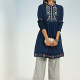 Solid Navy Blue Tunic with Stylish Gathered Sleeve