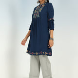 Solid Navy Blue Tunic with Stylish Gathered Sleeve