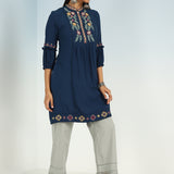 Solid Navy Blue Tunic with Stylish Gathered Sleeve