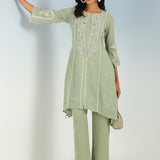 Green Sequined Kurta Set with Flared Asymmetric Hem