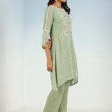 Green Sequined Kurta Set with Flared Asymmetric Hem