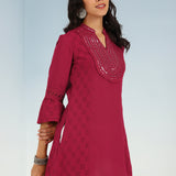 Rose Short Tunic with Mirror Work and Bell Sleeves