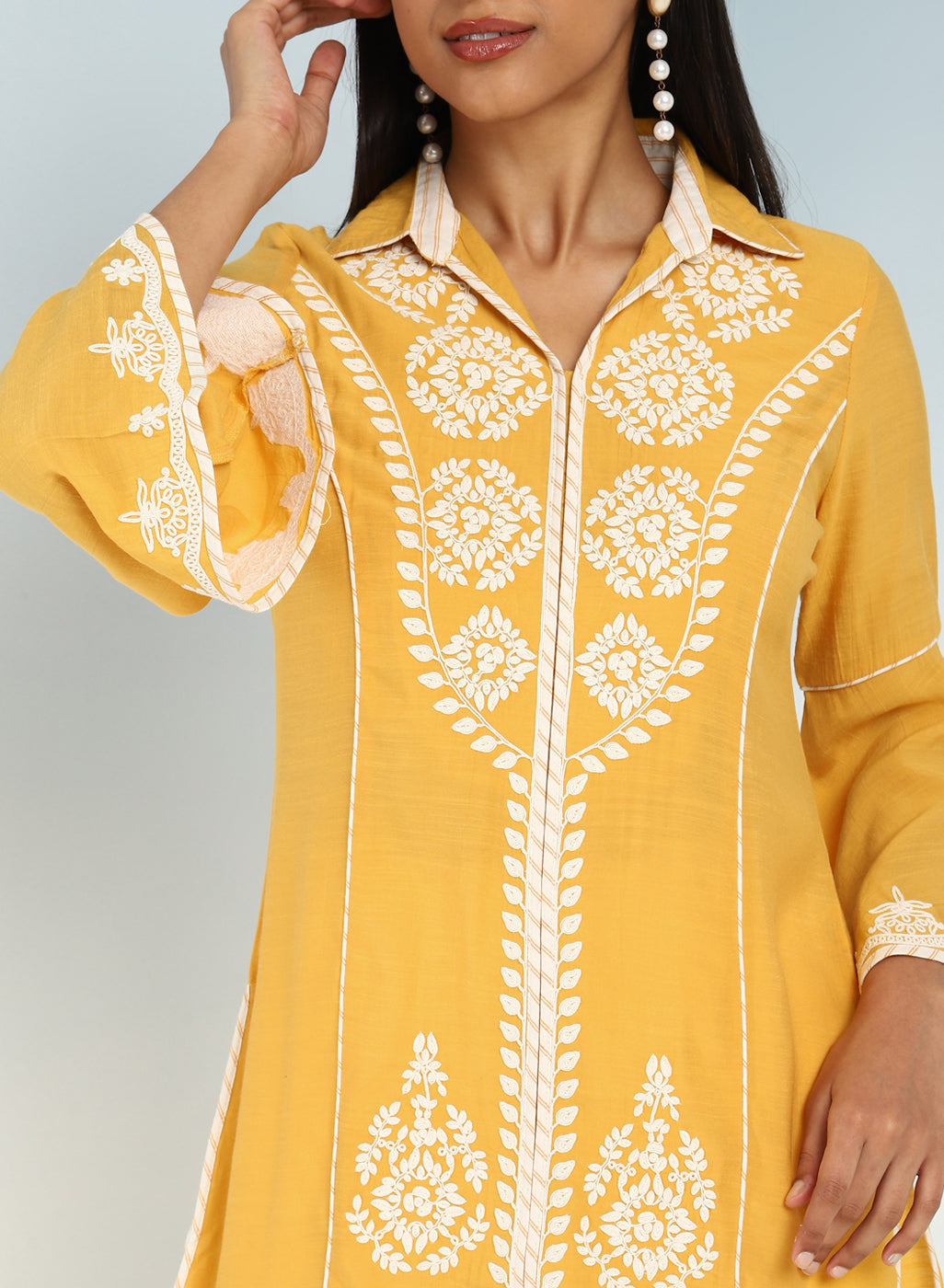 SEVA CHIKAN HAND EMBROIDERED YELLOW GEORGETTE LUCKNOWI CHIKANKARI KURTI FOR  WOMEN WITH SLIP - Seva Chikan - 3947503