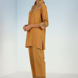 Mustard Embroidered Tunic for Women with Classic Collar