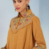 Mustard Embroidered Tunic for Women with Classic Collar