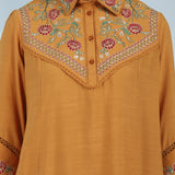 Mustard Embroidered Tunic for Women with Classic Collar