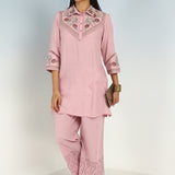 Pink Embroidered Tunic for Women with Classic Collar