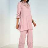 Pink Embroidered Tunic for Women with Classic Collar