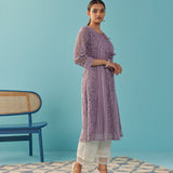 Purple A Line Kalidaar Raschel Dress with Tassels