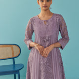 Purple A Line Kalidaar Raschel Dress with Tassels