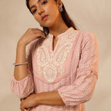 Peach Raschel Net Embroidered Kurti for Women