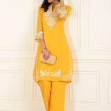 Bright Yellow Embroidered Georgette Kurta Set