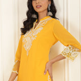 Bright Yellow Embroidered Georgette Kurta Set