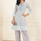 Light Blue Schiffli Embroidered Straight Kurta Set with Tassels