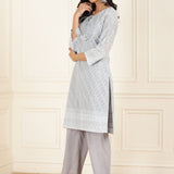 Light Blue Schiffli Embroidered Straight Kurta Set with Tassels