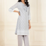 Light Blue Schiffli Embroidered Straight Kurta Set with Tassels