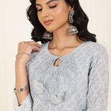 Light Blue Schiffli Embroidered Straight Kurta Set with Tassels