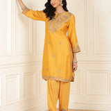 Mustard Embroidered Chanderi Kurta Set