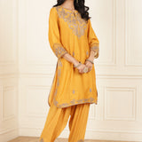 Mustard Embroidered Chanderi Kurta Set