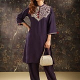 Purple Embroidered Kurta Set with Tessels