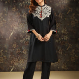 Black Embroidered Kurta Set with Tassels