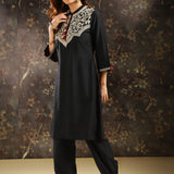 Black Embroidered Kurta Set with Tassels