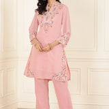 Pink Kurta Set with Floral Embroidery and Zari Work