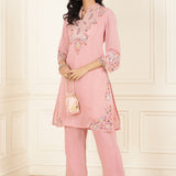 Pink Kurta Set with Floral Embroidery and Zari Work