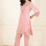 Pink Kurta Set with Floral Embroidery and Zari Work