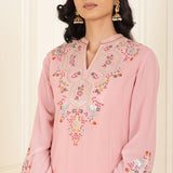 Pink Kurta Set with Floral Embroidery and Zari Work