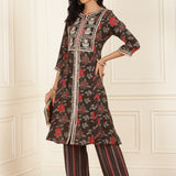 Brown Floral Printed Kurta Set